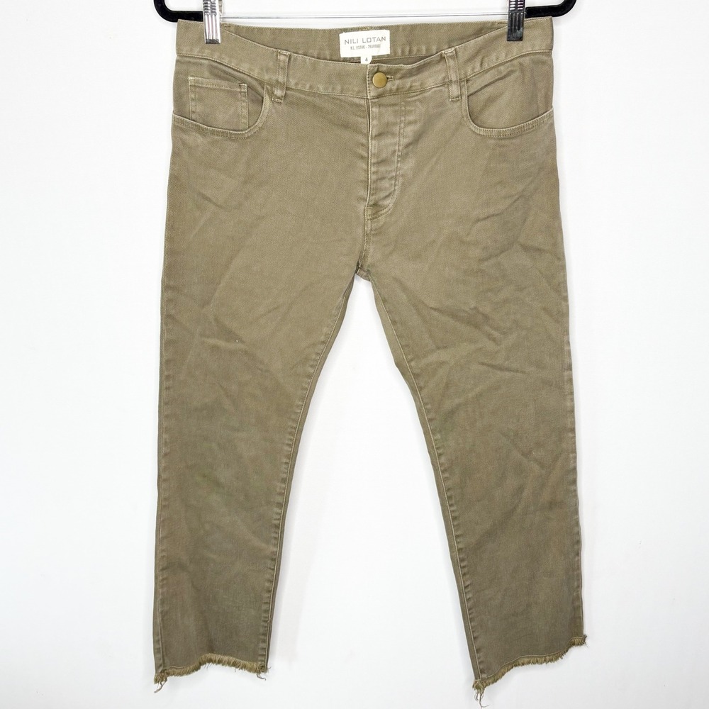 Nili Lotan NL Issue 2609988 Olive Green Cropped Raw Hem Pants Womens Size 4 USA